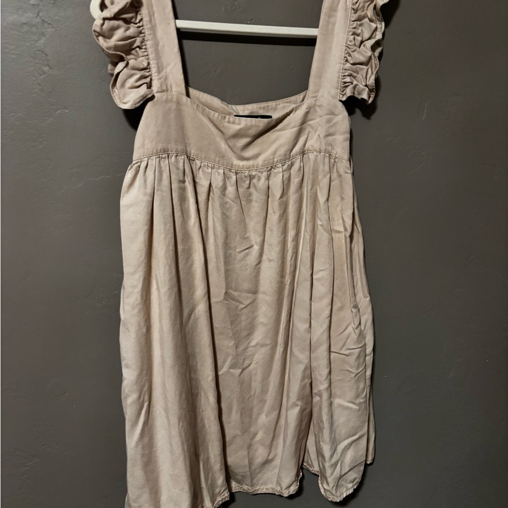 O.P.T Beige Mini Sundress with Ruffle Sleeve - With Pockets